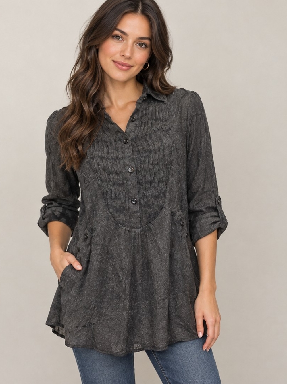 Simply Irresistable shiny Black Pintuck Peasant Top - Women